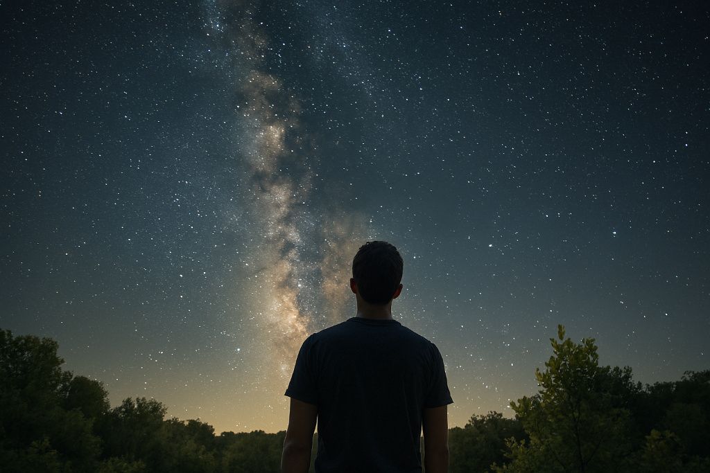 Create an image landscape 1024*683. Make the image more realistic.Ultra-realistic, high-quality photo clear detailed background, no text, no letters, no watermark, no logo, no words, no symbols, no captions, no typography, clean image, pure photo, 4K, masterpiece, trending on artstation. topic: The Human Connection: Our Place in a Consistent Cosmos........ There’s a beautiful philosophical comfort here. The calcium in your bones, the iron in your blood, was forged in stars that died billions of years ago. The same nuclear forces that shaped them there now sustain life in you here. We are not separate from the cosmos; we are a product of its consistent, elegant laws.